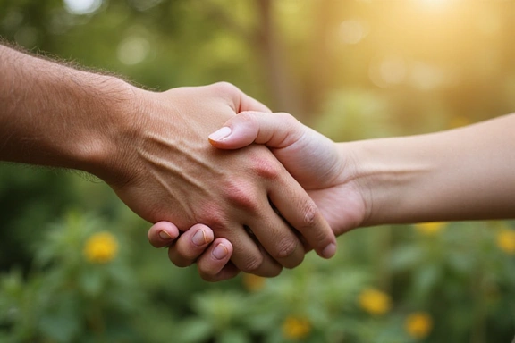 Mani che si stringono in segno di fiducia e collaborazione, con uno sfondo naturale