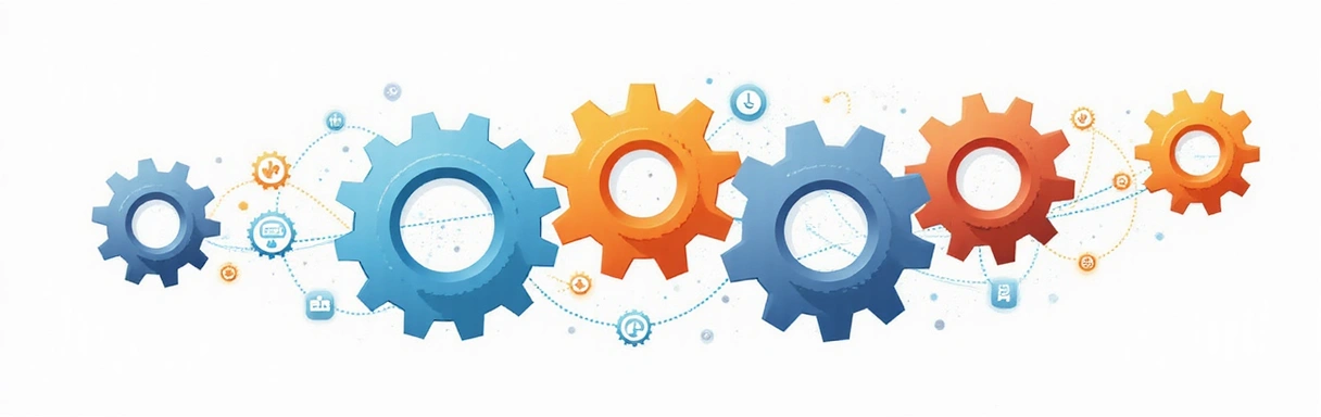 Illustrazione astratta di ingranaggi o flusso che simboleggia un processo ben oliato e interconnesso, senza testo, lettere o iscrizioni.