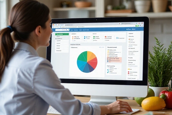 Immagine di un nutrizionista che elabora un piano alimentare personalizzato su un computer, con grafici e alimenti sani.