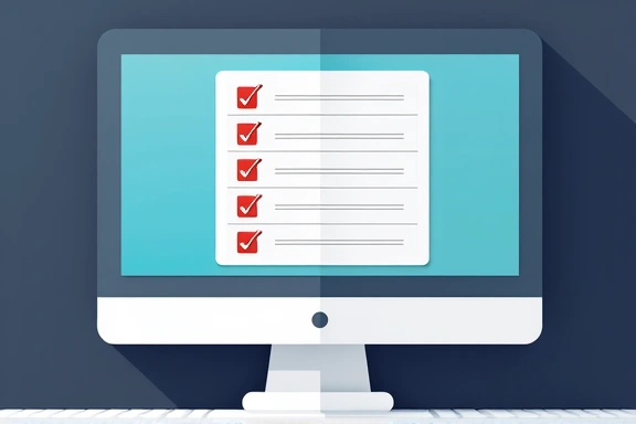 Immagine di un questionario digitale su uno schermo di computer, con icone di spunta e campi da compilare.