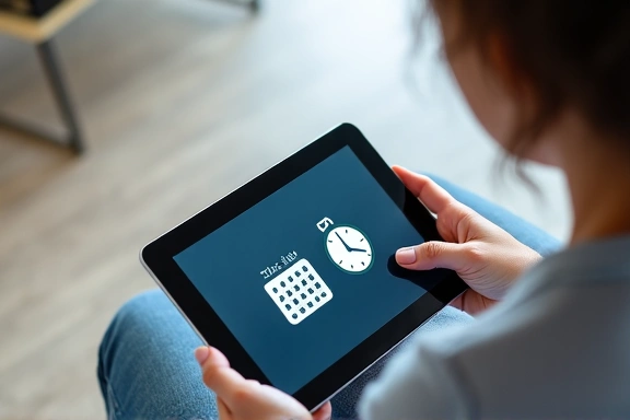 Immagine di una persona che prenota una consulenza online da un tablet, con icone di calendario e orologio.