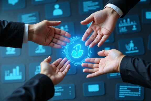 Immagine di mani che si uniscono in segno di supporto, con icone di messaggi e grafici di progresso sullo sfondo.